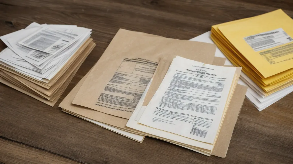 A stack of public record printouts with handwritten sticky notes on a table.