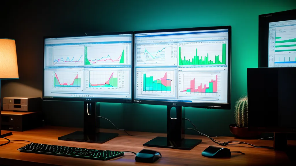 Dual monitors showing property records with blue light reflecting.