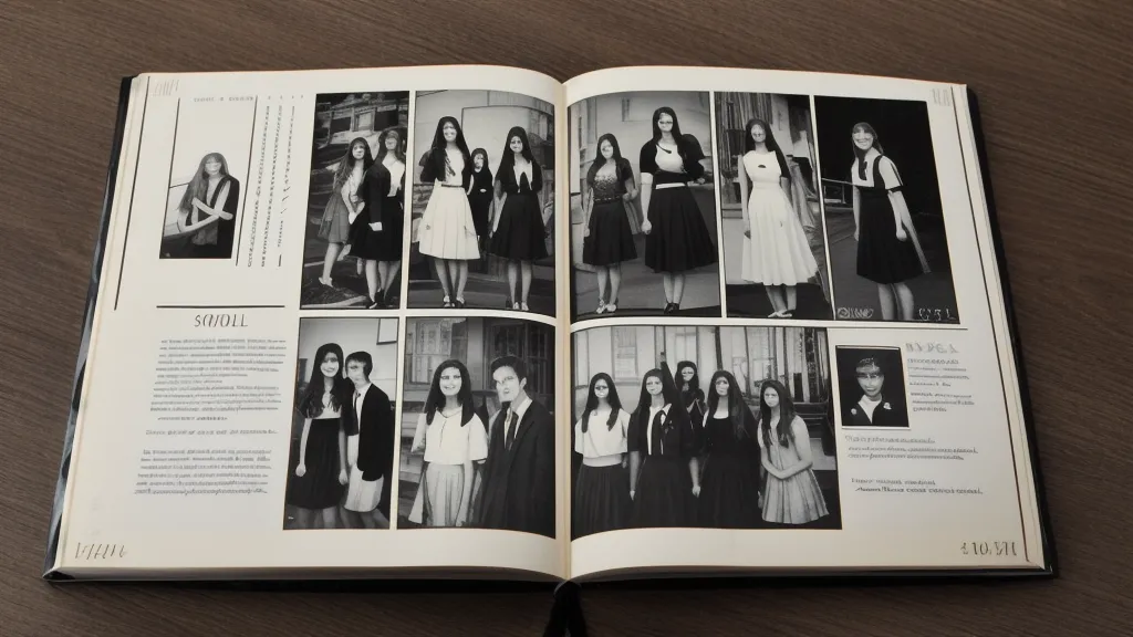 An old yearbook next to a smartphone on a sunlit wooden table.