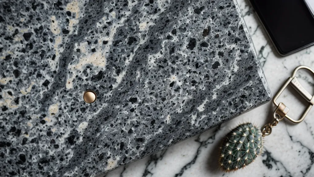 A smartphone on a granite counter showing a map search tool.