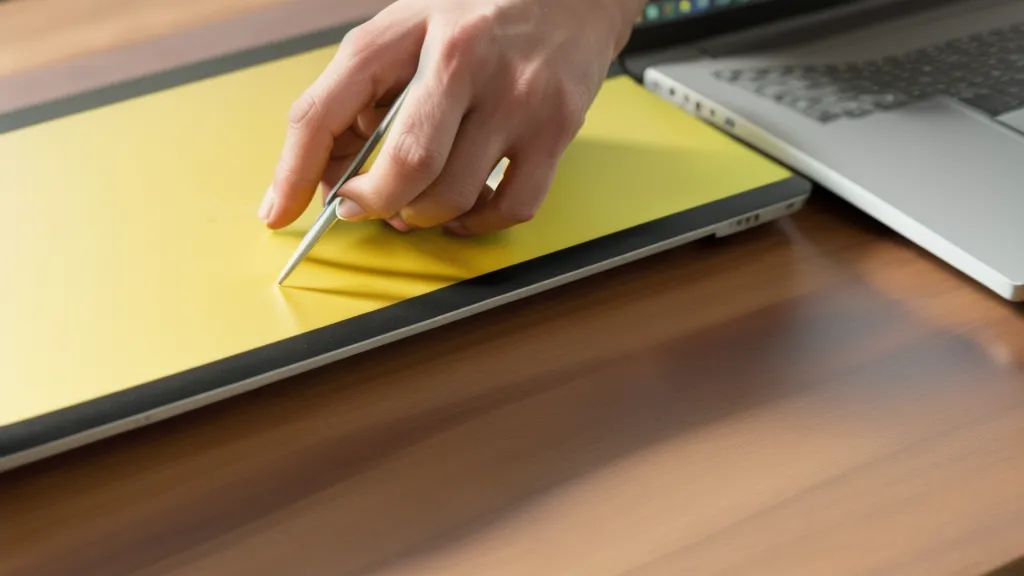 A close-up of a laptop screen and a highlighter on a desk.