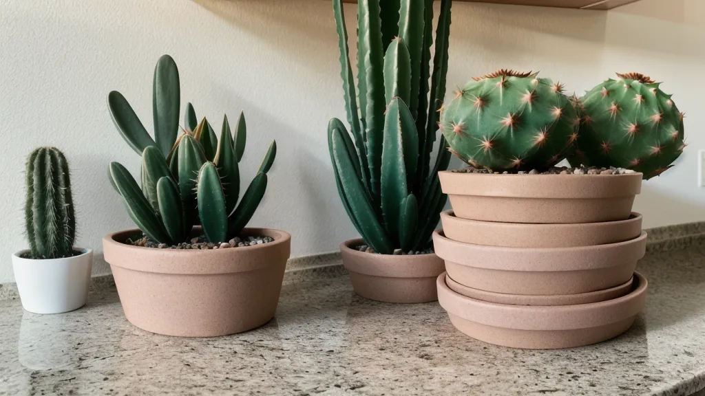 Stacks of record folders next to a cactus in a sunlit kitchen.