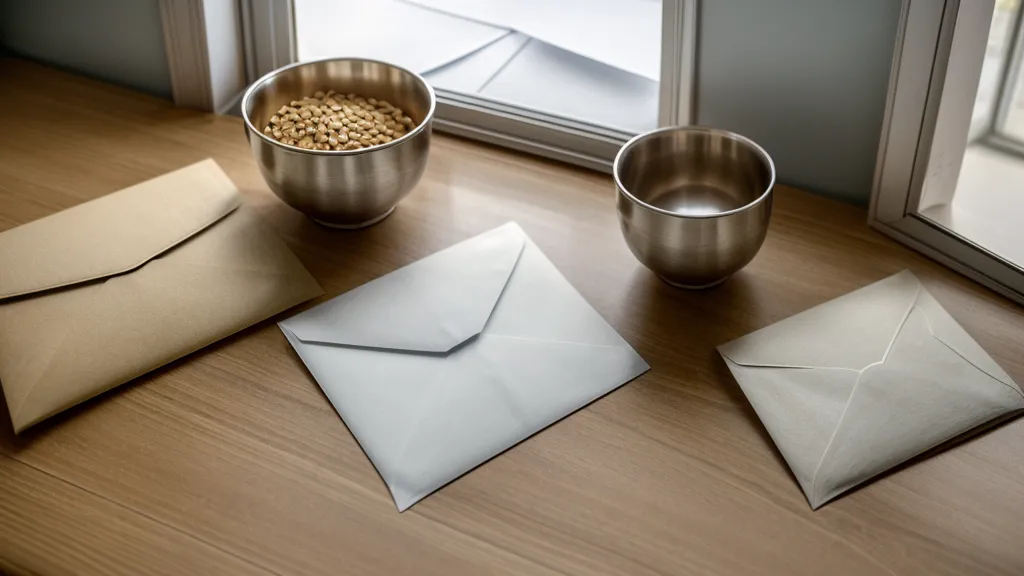 A stack of mail and a bowl of cereal on a kitchen table.