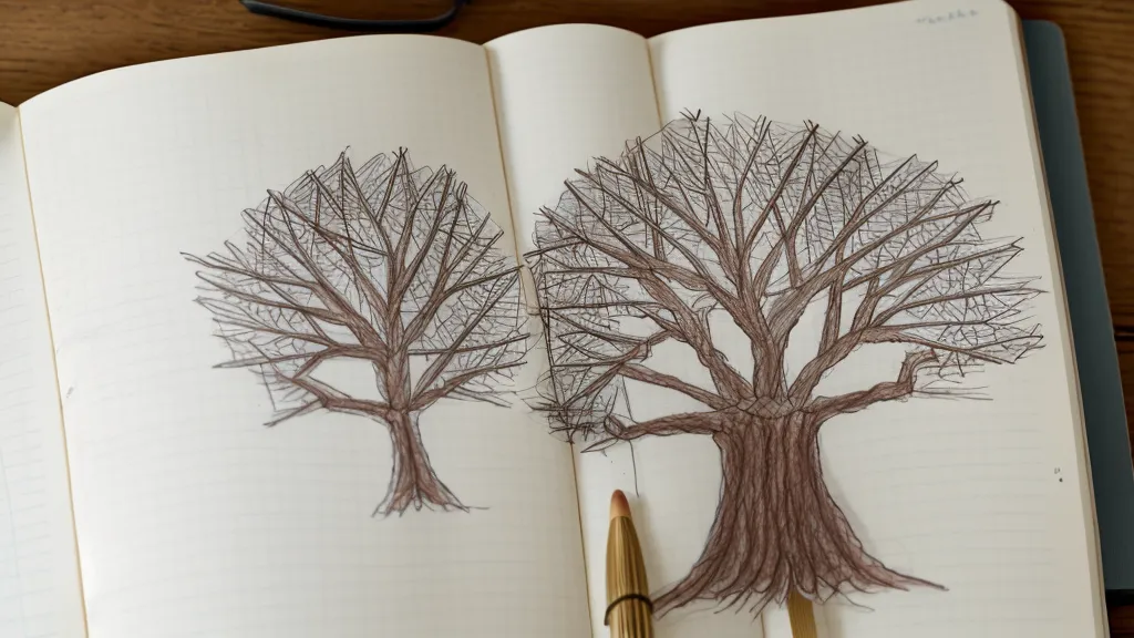 Close-up of a hand-drawn family tree in a notebook with research notes.