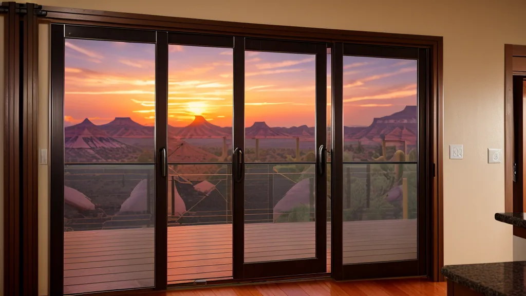 Mesa Arizona sunset viewed through a screen door from a kitchen with a laptop.