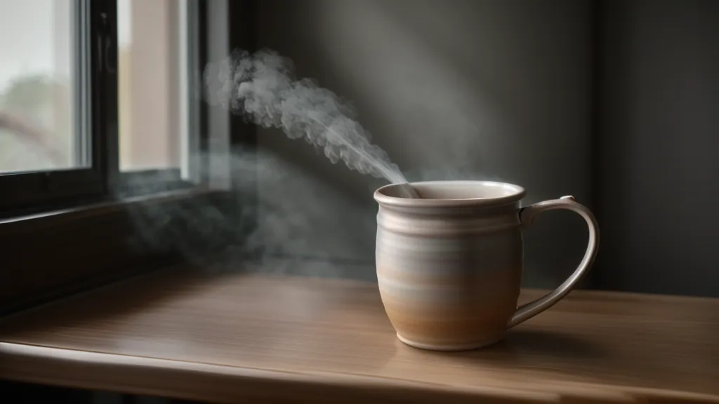 A coffee mug on a desk next to a keyboard in a home office.