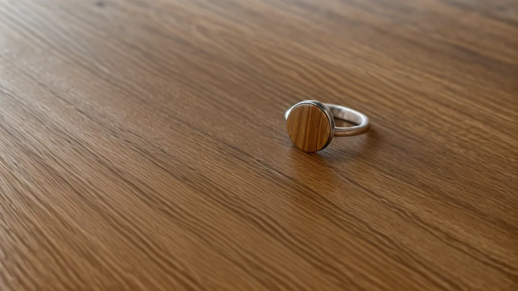 Close-up of a smartphone and a water ring on a wooden table.