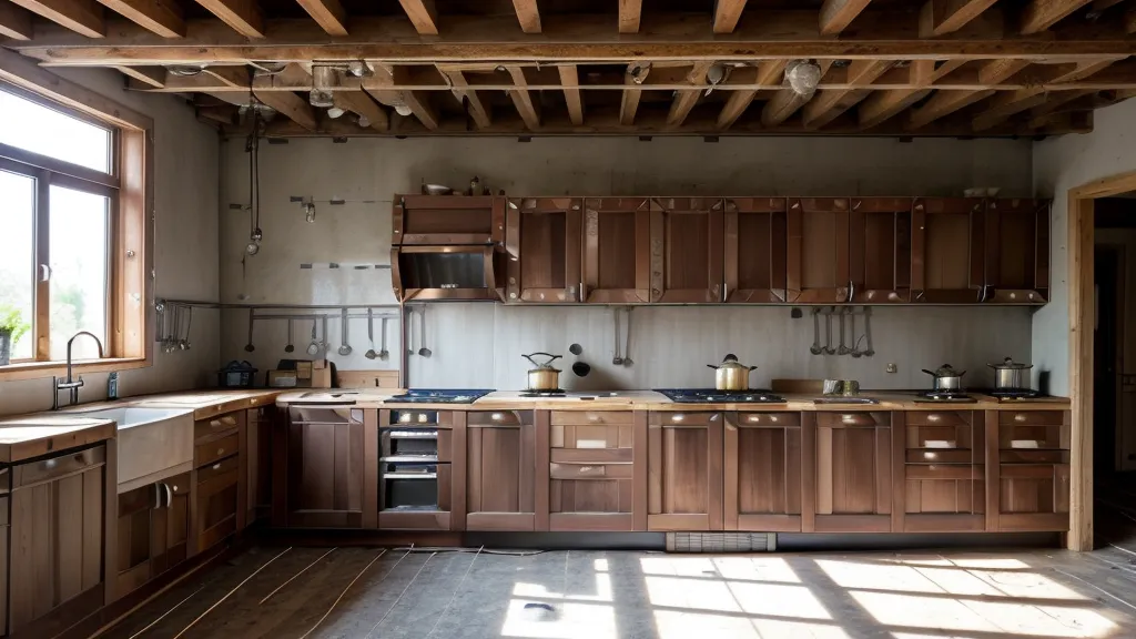 A kitchen under renovation with cabinets removed and exposed wall studs.