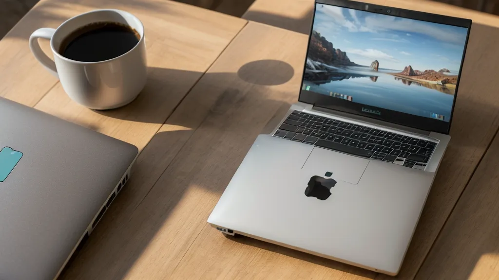 A laptop screen showing a search in progress next to a cold coffee mug.